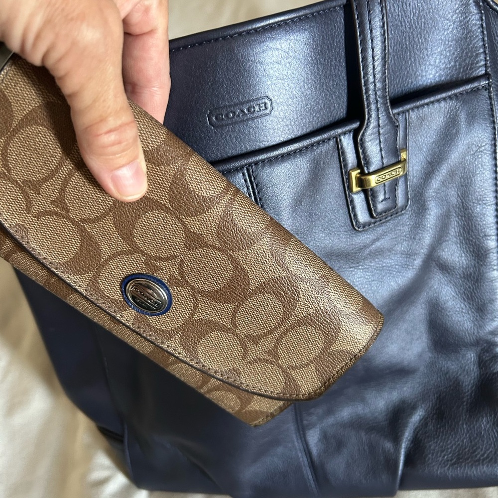 Coach Navy Blue Leather Satchel & Coach signature brown and blue leather wallet